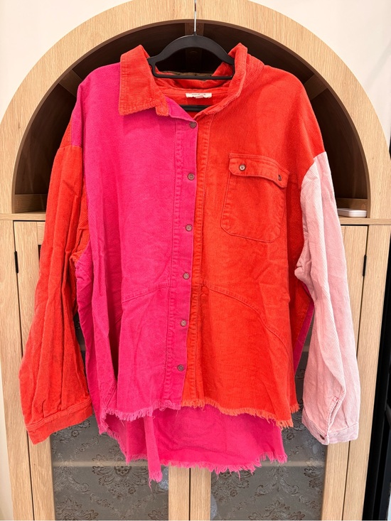 Umgee Tops - Umgee Colorblock Corduroy Button-Down Shirt Jacket in Hot Pink, Red & Light Pink